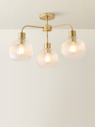 Brushed Gold 3-Way Ceiling Light with Ribbed Glass Shades