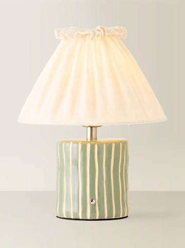 Green Stripe Ceramic Rechargeable Table Lamp with Ruffle Shade