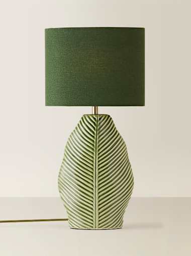 Forest Green Embossed Leaf Ceramic Table Lamp with Oval Shade