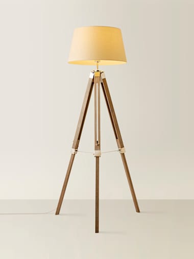 Clipper Light Wood Tripod Floor Lamp with Beige Shade