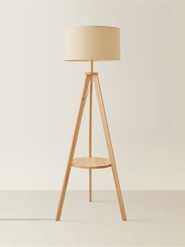 Light Wood Tripod Floor Lamp with Large Natural Shade