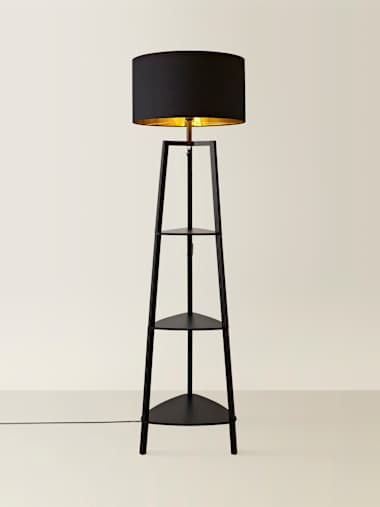 Matte Black Tripod Floor Lamp with XL Black and Gold Shade
