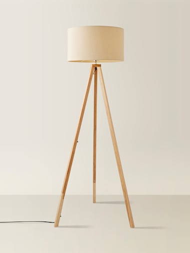 Light Wood Tripod Floor Lamp with Large Cream Shade