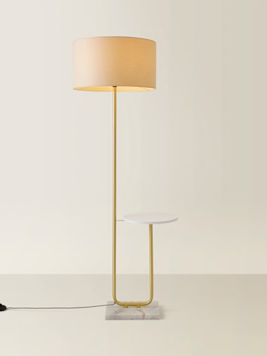 Brushed Gold Floor Lamp with Table and Large Cream Shade