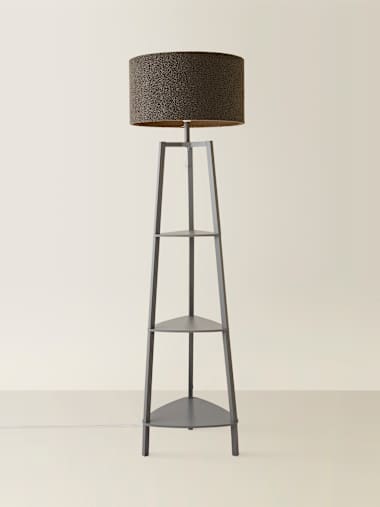 Grey Tripod Floor Lamp with Large Charcoal Boucle Shade