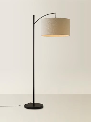 Curved Black Floor Lamp with Medium Cream Boucle Shade