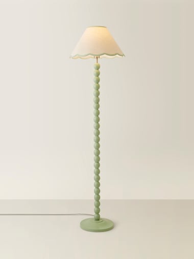 Sage Green Bobbin Floor Lamp with Green Trim Scallop Shade