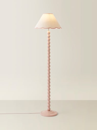 Rose Pink Bobbin Floor Lamp with Pink Trim Scallop Shade