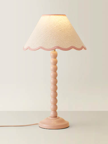 Rose Pink Bobbin Table Lamp with Pink Trim Scallop Shade