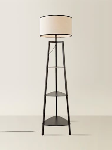 Matte Black Tripod Floor Lamp with Black Trim Linen Shade