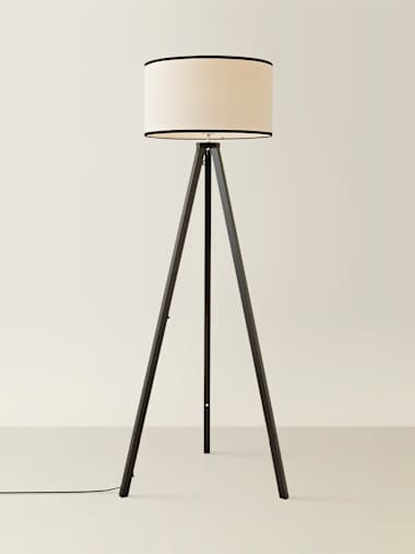 Barbro Black Wood Tripod Floor Lamp with Black Trim Linen Shade