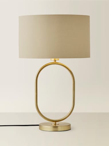 Brushed Gold Oval Table Lamp with Beige and Gold Shade
