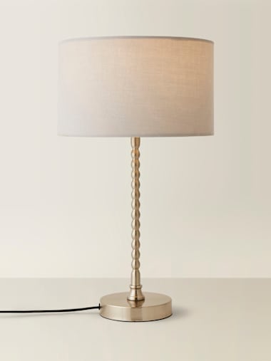 Brushed Chrome Bobbin Table Lamp with Grey Fabric Shade