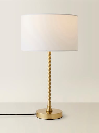 Brushed Gold Bobbin Table Lamp with White Fabric Shade