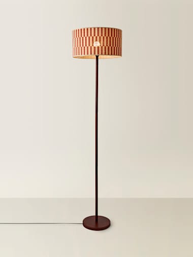 Dark Wood Floor Lamp with Orange Bamboo Shade