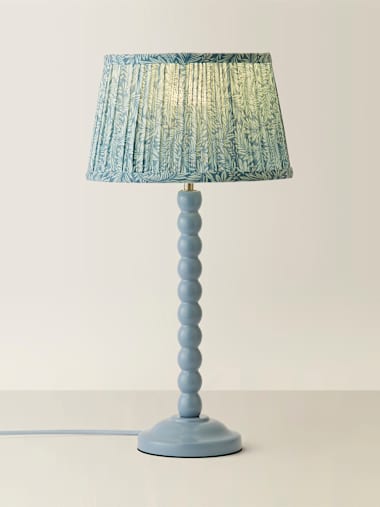 Bobbles Powder Blue Bobbin Table Lamp with Leaf Print Pleated Shade