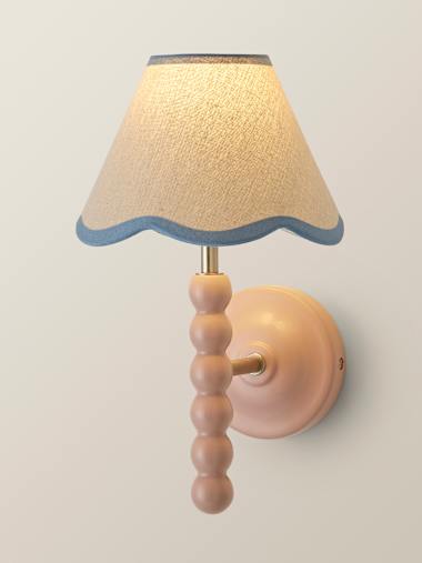 Bobbles Rose Pink Bobbin Wall Light with Blue Trim Scalloped Shade