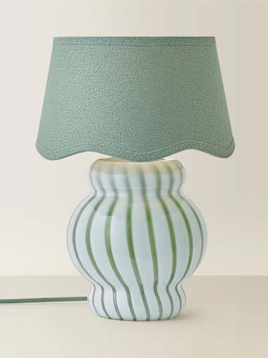 Green Striped Glass Table Lamp with Green Scalloped Shade