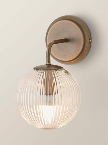 Kempton Pair of Brushed Brass and Ribbed Glass Globe Wall Lights