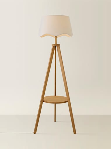 Mid Wood Tripod Floor Lamp with Natural Linen Scalloped Shade