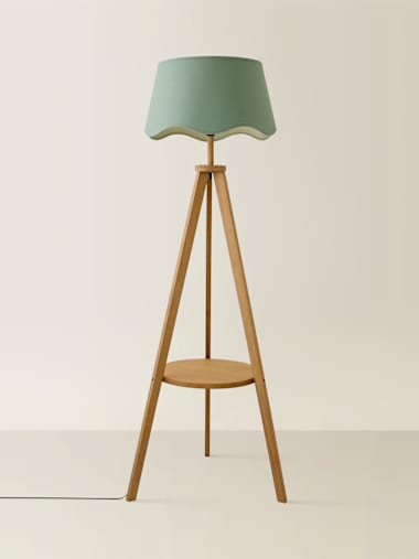 Mid Wood Tripod Floor Lamp with Sage Green Linen Scalloped Shade