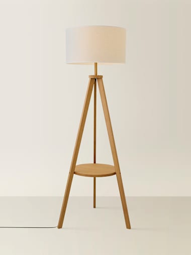 Mid Wood Tripod Floor Lamp with Natural Trim Linen Shade