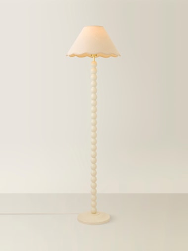 Cream Bobbin Floor Lamp with Natural Trim Scallop Shade