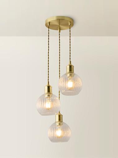 Brushed Gold and Ribbed Glass Dome 3 Drop Cluster Ceiling Light