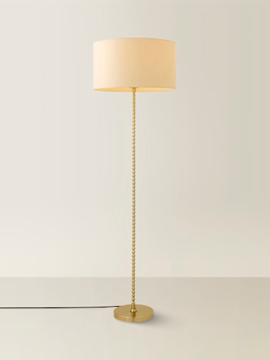 Brushed Gold Bobbin Floor Lamp with Natural Drum Shade