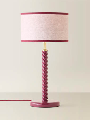Pink Wooden Twist Table Lamp with Trim Drum Shade