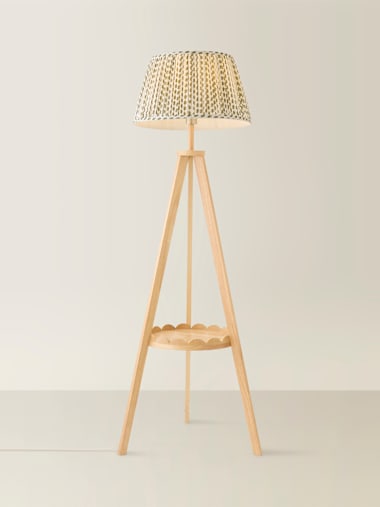 Natural Scallop Shelf Tripod Floor Lamp with Green Ditsy Pleated Taper Shade