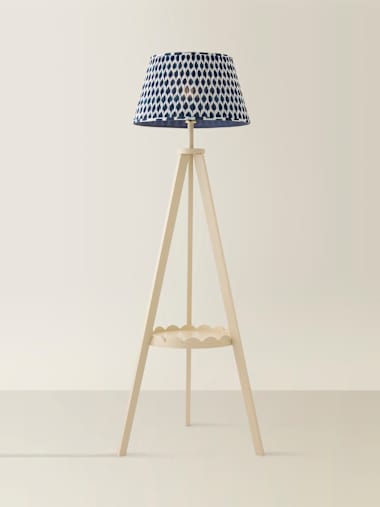 Cream Scallop Shelf Tripod Floor Lamp with Ikat Taper Shade