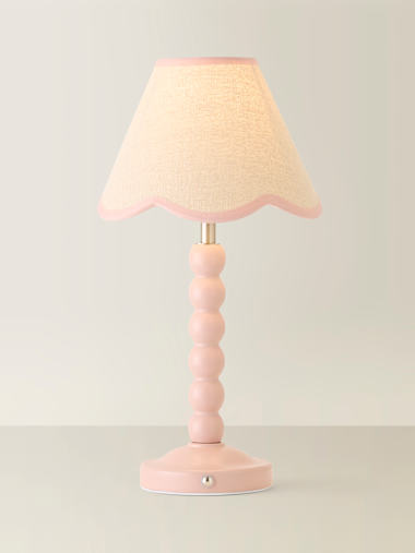 Rose Pink Bobbin Rechargeable Table Lamp with Pink Trim Scallop Shade