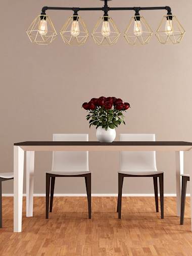 Black 5 Arm Bar Ceiling Light with Gold Cage Shades