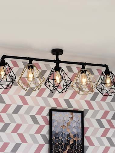 Black 5 Arm Bar Ceiling Light with Black & Gold Cage Shades