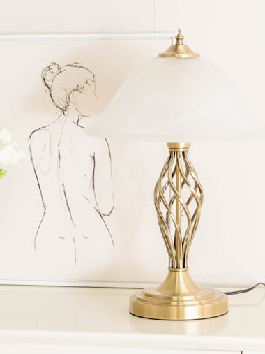 Memphis Pair of Antique Brass Twist Table Lamps with Glass Shades