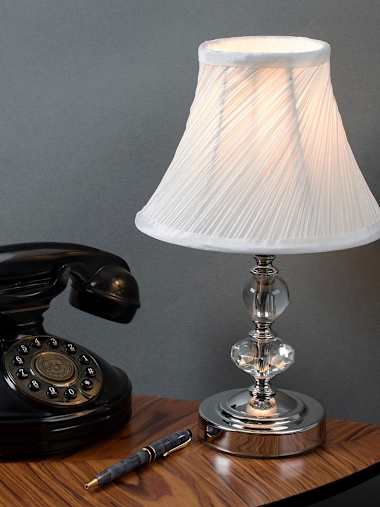 Jaigier Pair of Chrome Touch Table Lamps with Cream Pleated Shades