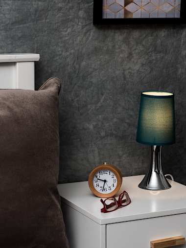 Trumpet Pair of Chrome Touch Table Lamps with Teal Shades