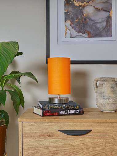 Pair of Brushed Chrome Touch Table Lamps with Orange Shades