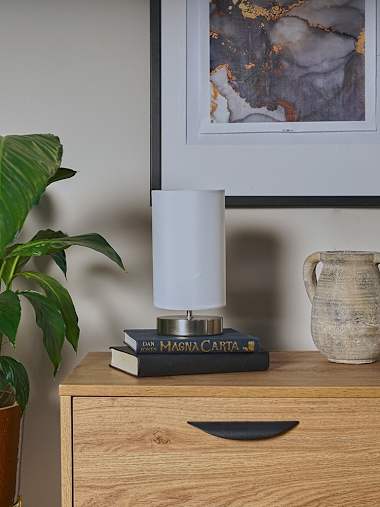 Pair of Brushed Chrome Touch Table Lamps with White Shades