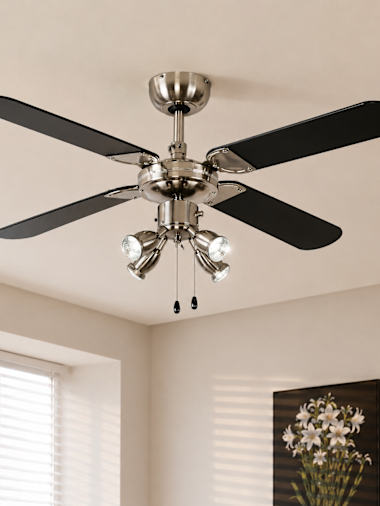 Scimitar 4-Way 42 Ceiling Fan in Brushed Chrome and Black