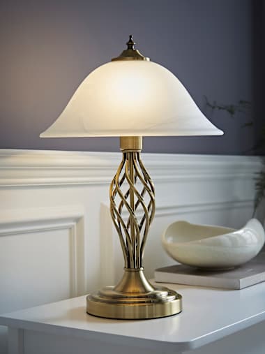 Memphis Antique Brass Twist Table Lamp with Frosted Glass Shade
