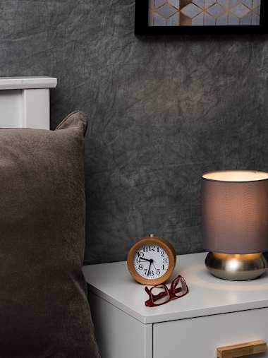 Pair of Brushed Chrome Table Lamps with Grey Shades