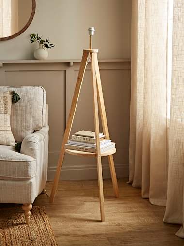 Morrigan Light Wood Tripod Floor Lamp with Shelf
