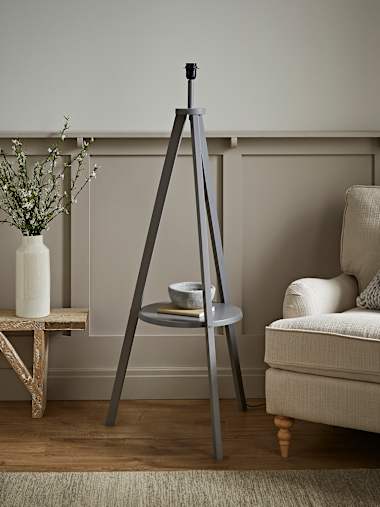 Morrigan Grey Wood Tripod Floor Lamp with Shelf