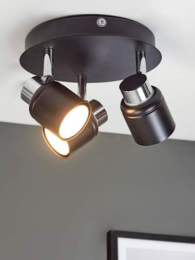 Benton IP44 Black and Chrome 3-Way Round Ceiling Spotlight