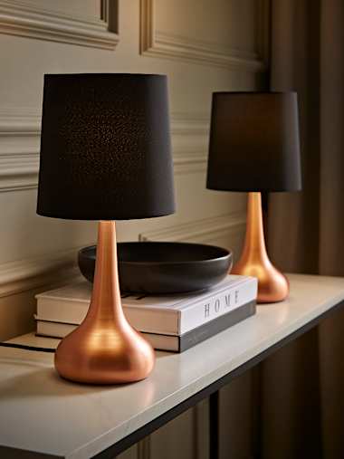 Pair of Copper Touch Table Lamps with Black Shades