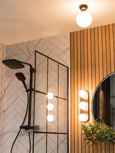 Orbital IP44 Matte Black Bathroom Ceiling Light with Glass Opal Shade