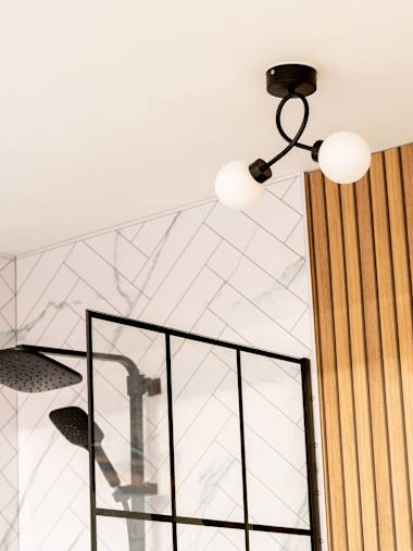 Orbital IP44 Matte Black Twist Bathroom Ceiling Light with Glass Opal Shade