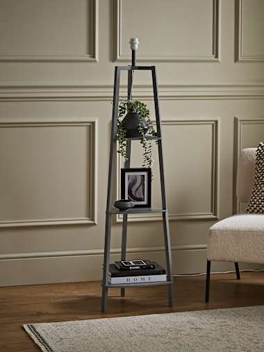 Hiru Grey Wood Tripod Floor Lamp with 3 Shelves